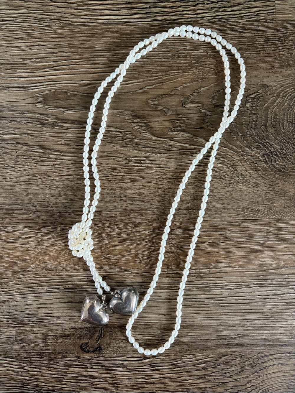 Classic White Faux Pearl Necklace with Silver Heart Pendants - Women Jewelry